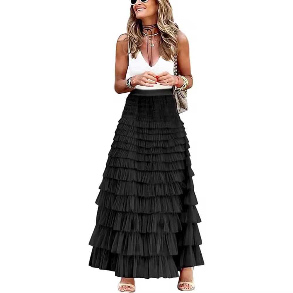 thumbnail image 1 of Falda larga de verano para mujer, elástica, de cintura alta, estilo informal, de corte A, de malla a la moda, falda de verano, faldas largas plisadas abullonadas, 1 of 5