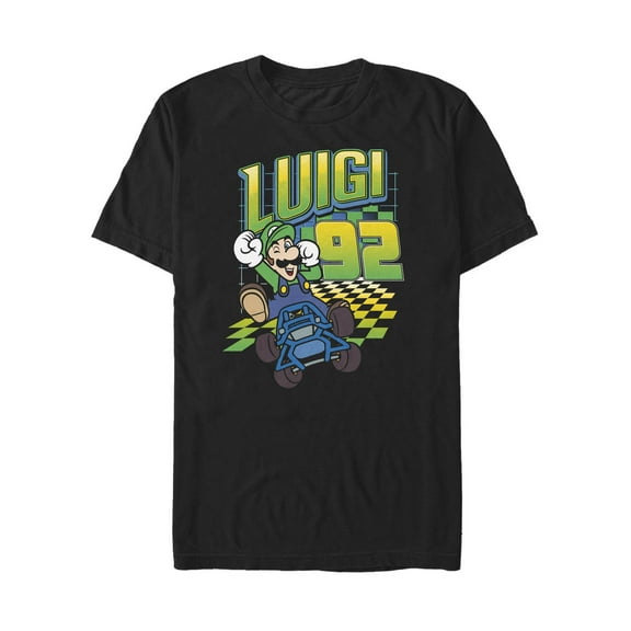 Men's Nintendo Mario Kart Luigi Neon Checkered 9Logo Graphic Tee Black Large