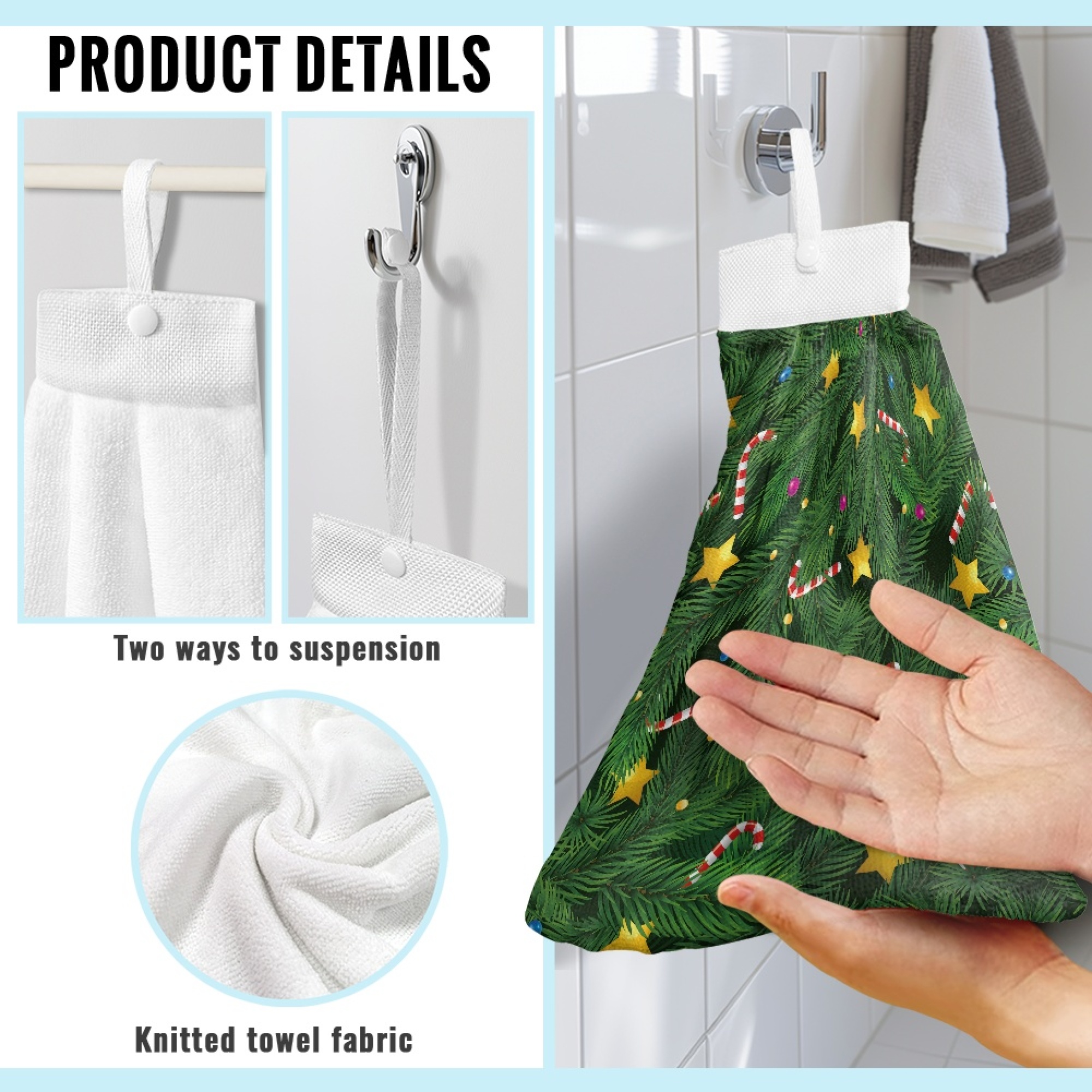 SEANATIVE Christmas Hand Towels for Bathroom Set of 2 Candy Canes Hand Towels for Kitchen Home Decoration Green Fast Drying Hang Towel with Hanging Loops Buttons Farmhouse Xmas Decor