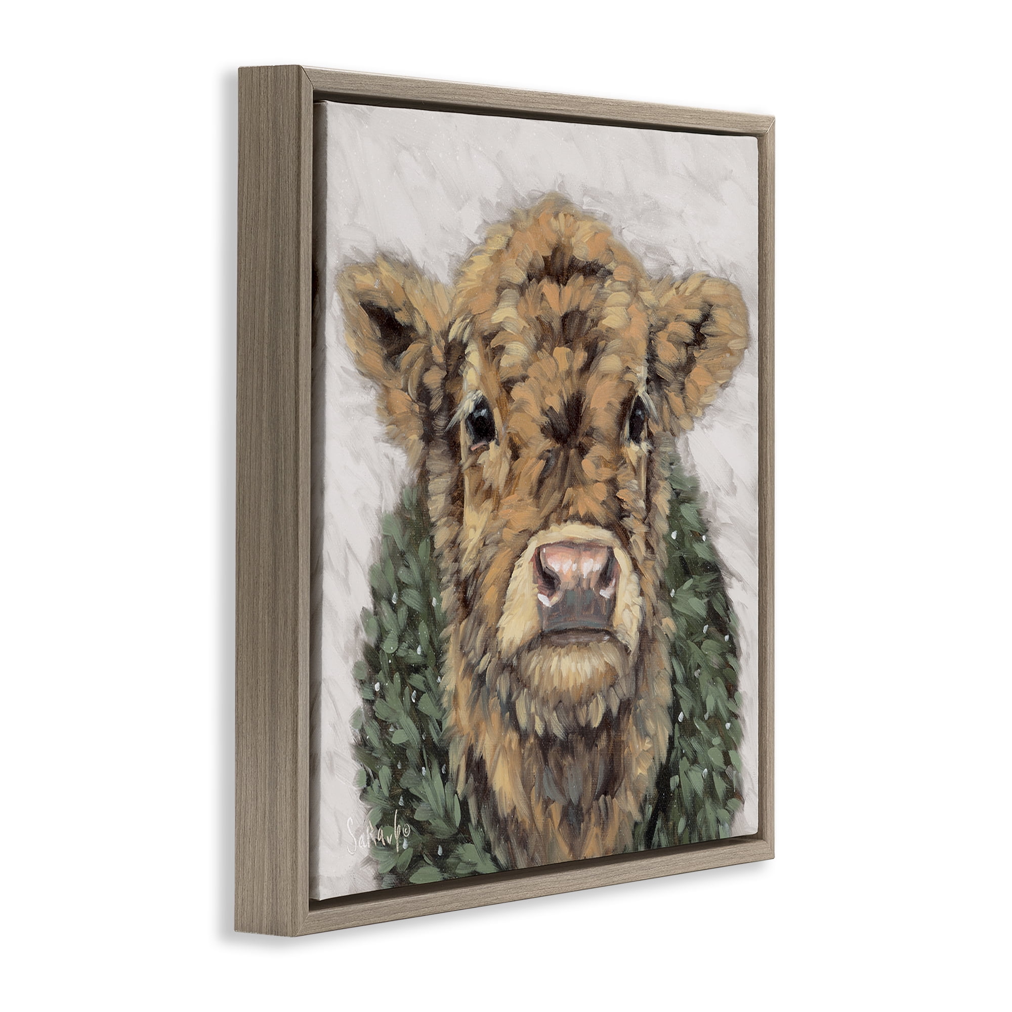 Stupell Industries Calf with Holiday Wreath Holiday Painting Brown Floater Framed Canvas Art Prints Wall Art, 18 x 18