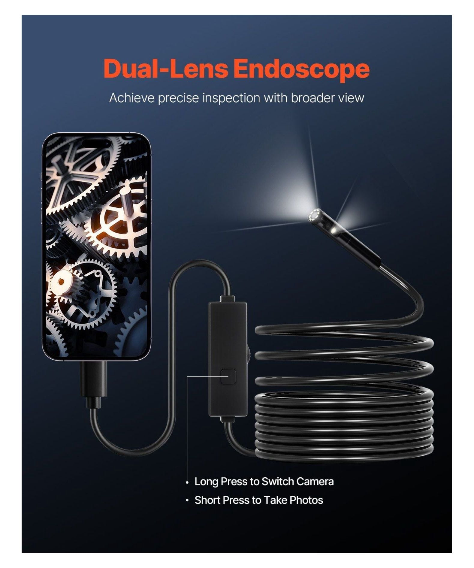 Borescope Endoscope Camera 16.4ft, Dual Lens Inspection Camera for Android iOS, 2.0MP HD Snake Camera with 8 LED Lights