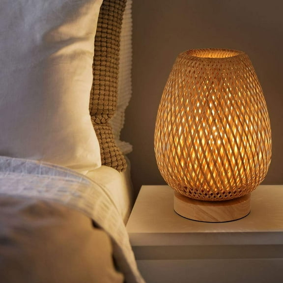 Arturesthome Bamboo Weaving Table Lamp with Handmade Natural Wooden Base Eye-Caring Bedroom Bedside Night Light Retro Desk Lamp Reading Light Home Decor Unique Handicraft House Warming Gift