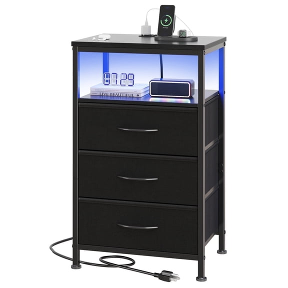 LIFERECORD 3 Fabric Drawers Nightstand with Charging Station, Power Outlet & USB/Type-C Ports, Black