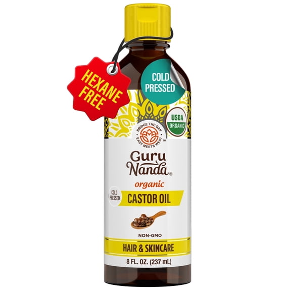 GuruNanda Castor Oil Organic USDA Certified  - 100% Pure & Natural, Cold Pressed & Hexane-Free, Hydrating Carrier Oil for Skin, Hair, Eyebrows & Eyelashes - 8 fl oz