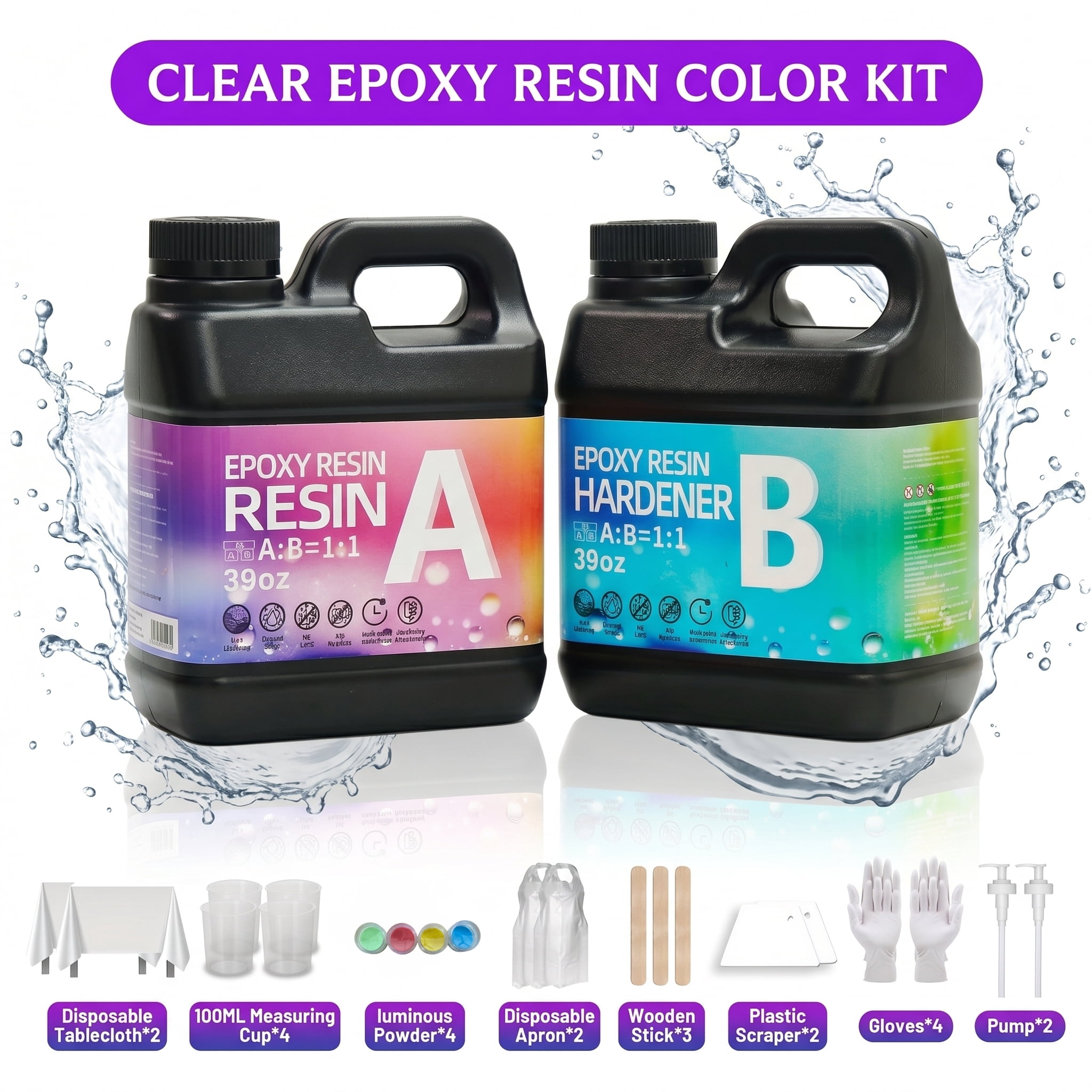 78oz Fast-Curing Epoxy Resin Kit, Clear AB Glue, 4 Colors Glow-in-the-Dark Powder, 1:1 Mix, Bubble-Free & Non-Yellowing, With Pump & Tools, Ideal Gift For Mother's Day & Graduation