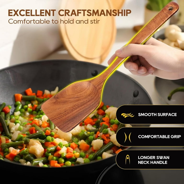 9 Piece Teak Wooden Utensil Set With Spoon Rest & Holder - Natural Wood Cooking Spoons