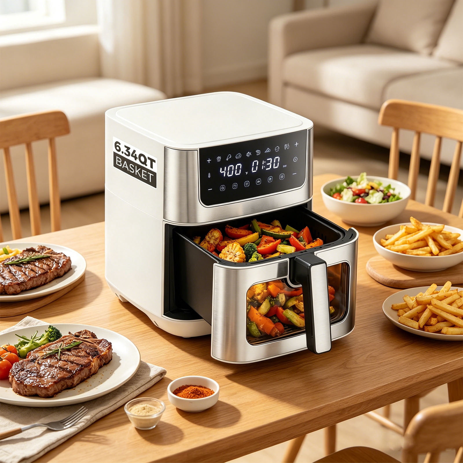 Casabay 6.34 QT Air Fryer with Viewing Window, 1500W 8-in-1 Electric Hot Air Fryer Oven, Digital Display, Compact Multi-Functional Cooker for Home Kitchen, White