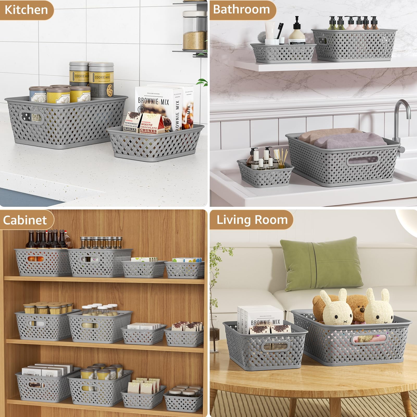 Medium Grey Plastic Storage Baskets 3 Pack For Home Office Organization
