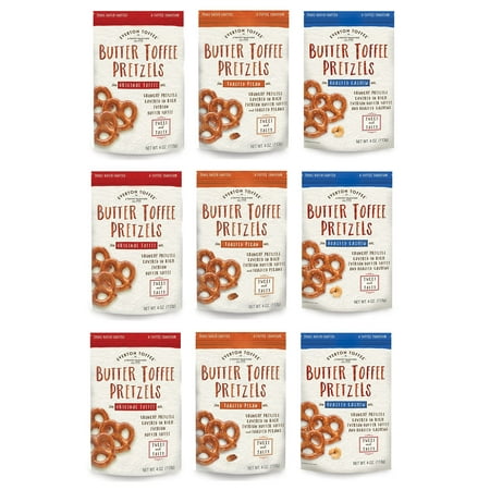 Everton Toffee Butter Toffee Pretzels, Variety Pack (4 oz. bag, 9-pack). Gourmet Artisan Toffee Covered Pretzels, Sweet and Salty Mini Pretzel Snacks, Small Batch Crafted 9