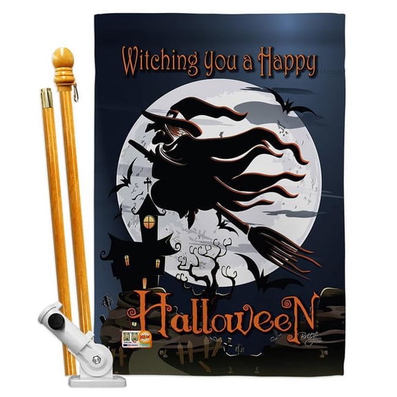 Breeze Decor BD-HO-HS-112004-IP-BO-D-US15-BD 28 x 40 in. Happy Witching You Fall Halloween Impressions Decorative Vertical Double Sided House Flag Set with Pole Bracket Hardware