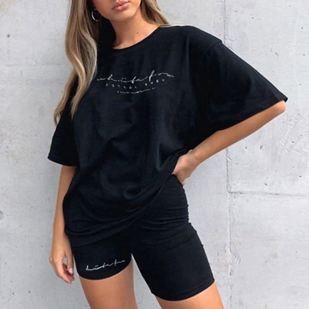 MKLEKYY Conjunto De Pantalones Cortos Casuales Holgados Con Estampado De Letras Para Mujer, Top De Manga Corta Y Pantalones Con Cordón