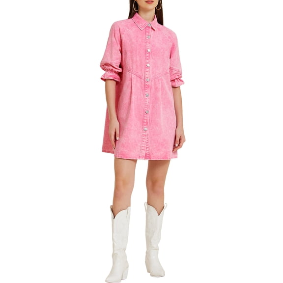 INSPIRE CHIC Women's 3/4 Lantern Sleeve Button Down Mini Denim Shirt Dresses