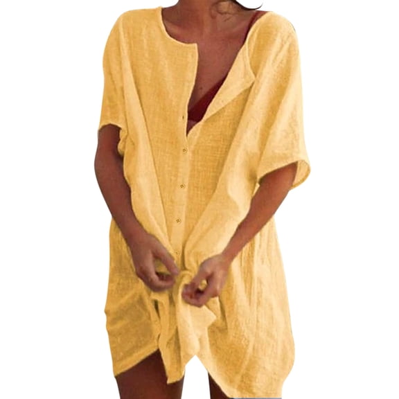 XUELUO Womens T-Shirts Oversized Crew Neck Half Sleeved Button Front Tee Shirts Summer Lightweight Coverup Relaxed Tops
