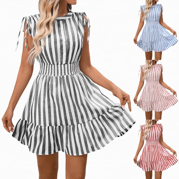 vigerkar Women's Ruffle Hem Striped Summer Dresses Sleeveless High Waist Smocked Sundress Button Up Peplum Mini Dress (Pink, L)