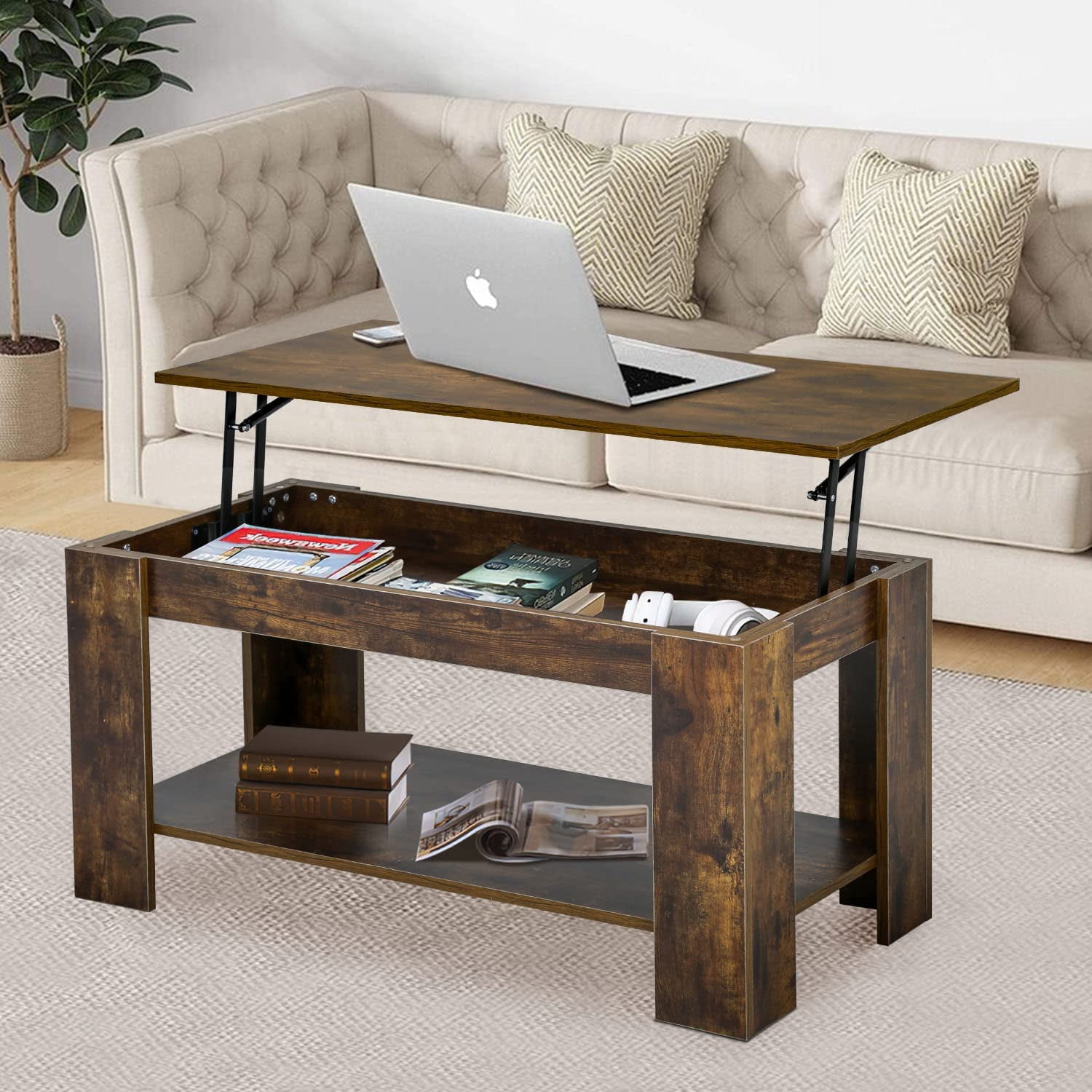 FDW Lift Top Coffee Table with Hidden Compartment and Storage Shelf Wooden Lift Tabletop(Brown)