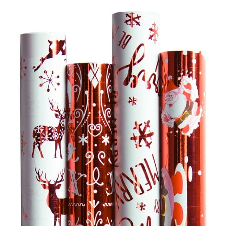 LaRibbons Christmas Gift Wrapping Paper - Red/White Metallic Collection 4 Rolls - 30" x 120"/Roll