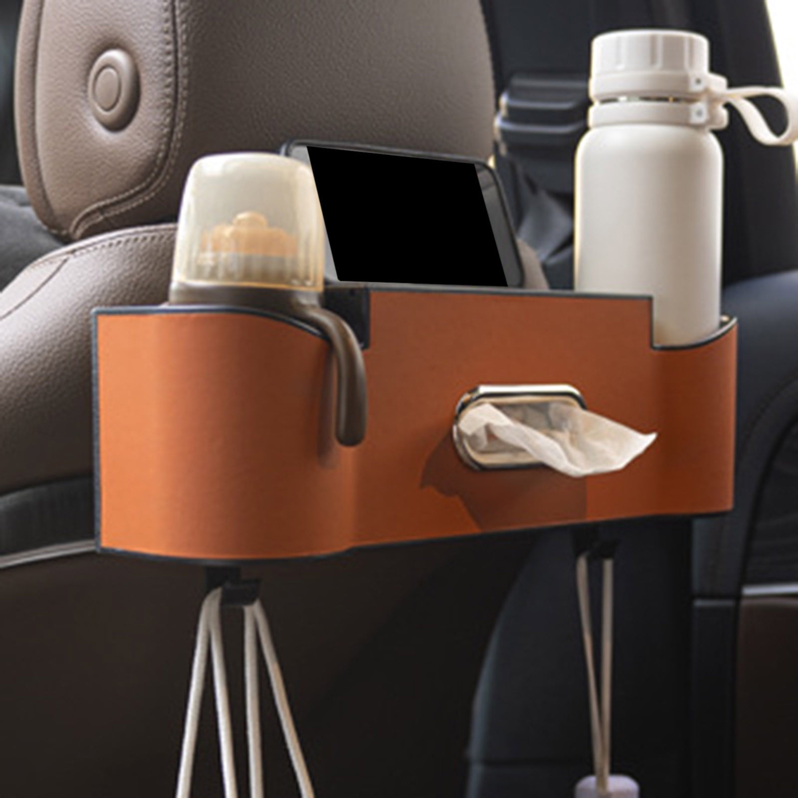 Car Backseat Organizer with Drink Holders & Hooks - 3-in-1 Storage Box for Tissues, Phone & Purse - Universal Headrest Attachment for Cars, SUVs & Trucks