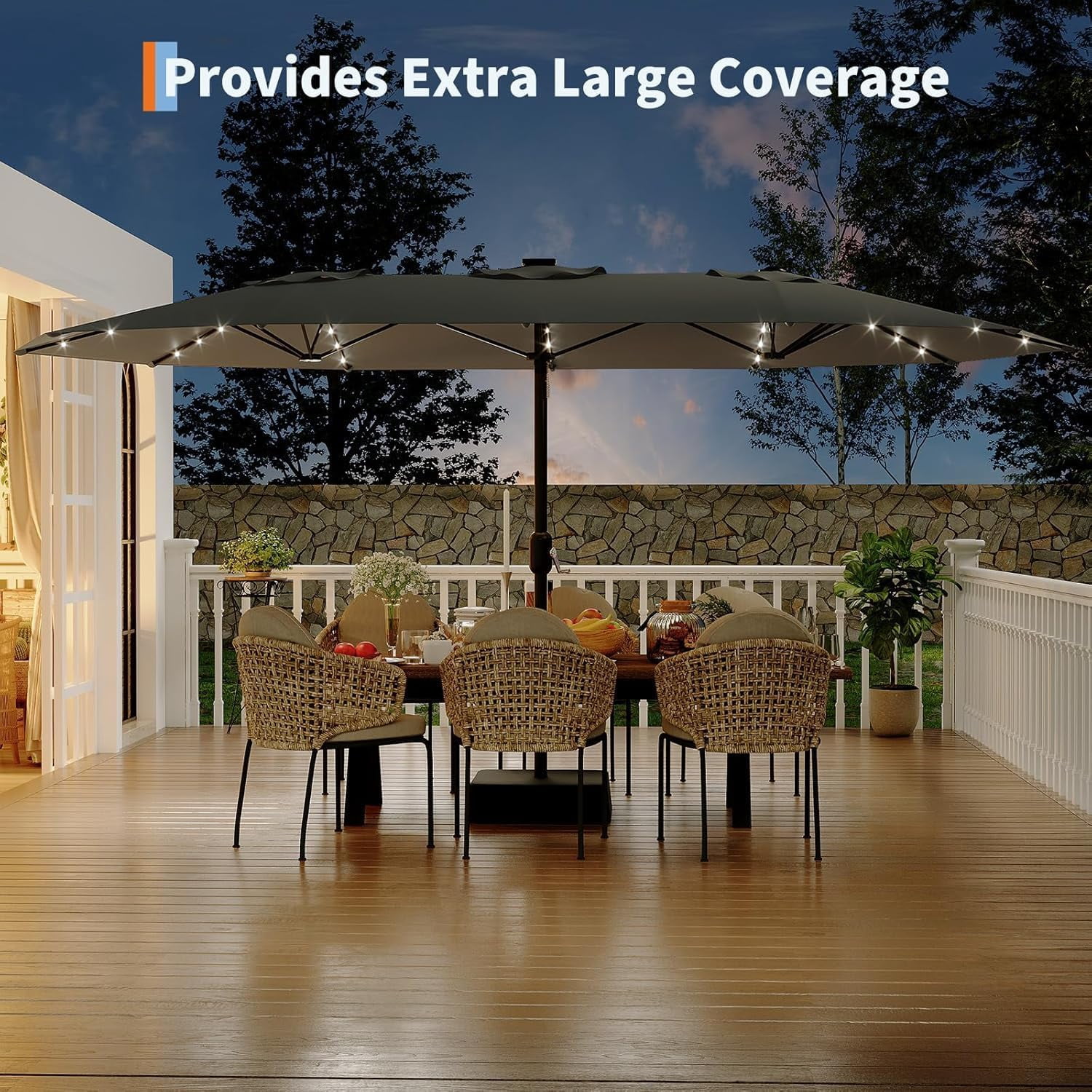 15 Ft Rectangular Patio Umbrella with Solar Lights & Base Included - Large Patio Umbrella with Crank Handle 36 LED Lights, UV Protection for Outdoor Market, Backyard, Deck, Pool, Grey