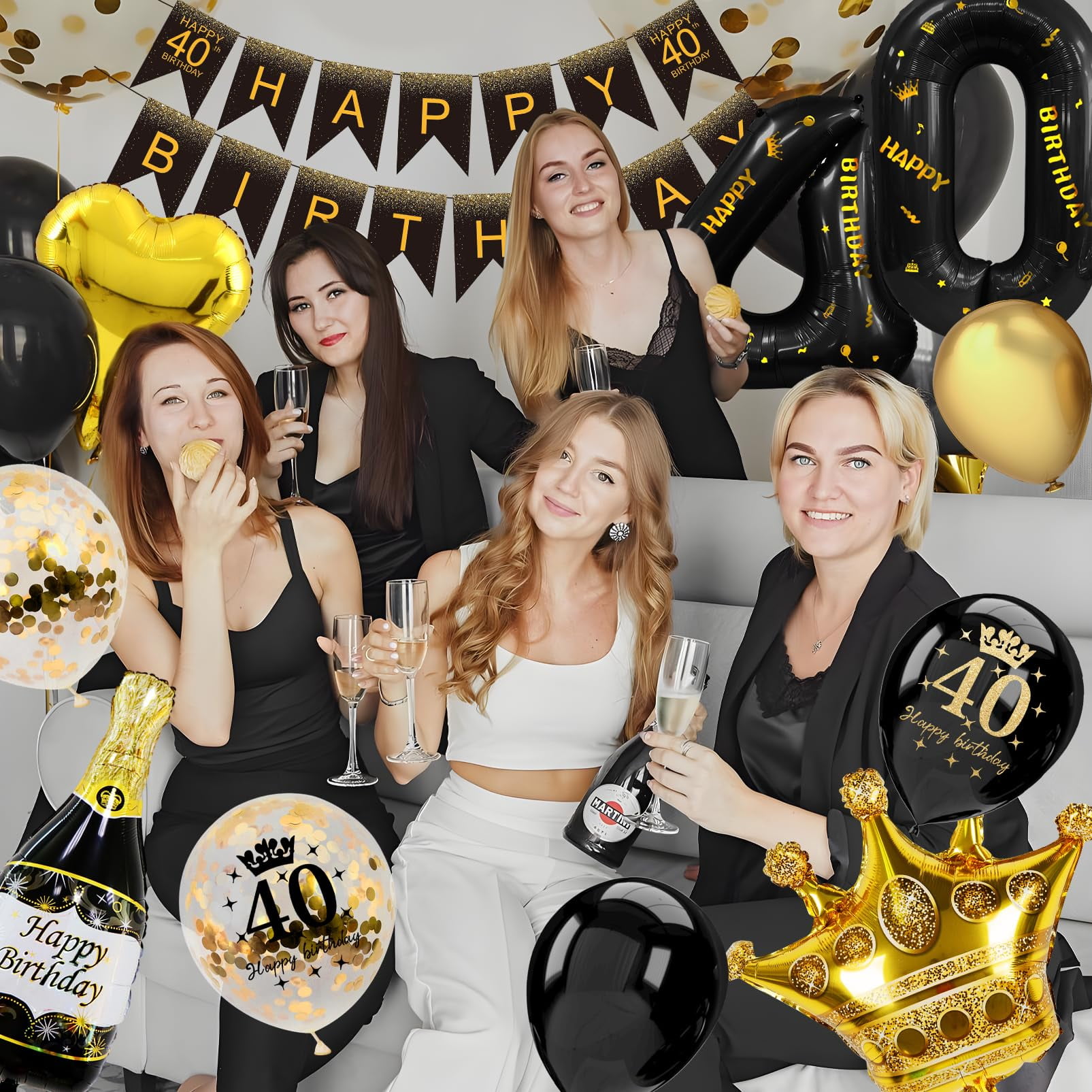 Dekorationsset Zum 40. Geburtstag – Schwarz-gold, Mit Banner, Ballons & Konfetti
