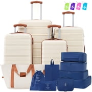 Hardshell Luggage Set 4PC with TSA Lock - Lightweight ABS Spinner Suitcase 16" 20" 24" 28" Brown & White. Durable Travel Luggage Set for Travel.