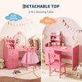 thumbnail image 6 of Kids Vanity Desk Set with Mirror and Lights, Princess Wooden Makeup Vanity with Chair, Storage Shelves and Drawers, 2-in-1 Girls Dressing Table, Pink, 6 of 7