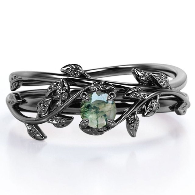 JeenMata Anillo de Bodas Solitario de Ágata Verde Musgo Natural de Forma Redonda de 0,50 Quilates con Diseño Botánico Engastado en Oro Negro de 18 K sobre Plata