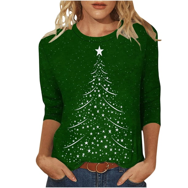 Camisetas de Navidad para Mujeres, 3/4 Manga Cuello Redondo Blusa con Estampado de Vacaciones, Top de Moda Casual