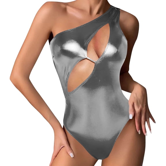 Warop Womens Shiny Patent Leather Bodysuit, Form-Fitting One-Piece Sexy Performance Wear for Nightclub and Beach Party