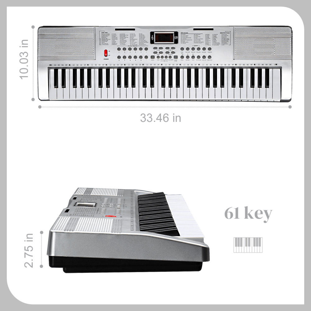 Tcbosik 61 Key Keyboard Piano with Stand, Bench, Music Rest and LED Screen, Built-In Speakers, Headphone, Microphone and 3 Teaching Modes for Beginners Starter, Silver