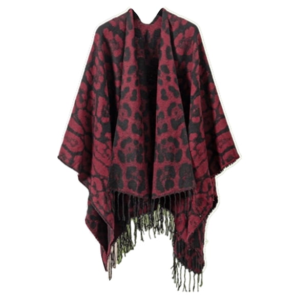 Women's Leopard Poncho Plus Size for Winter Open Front Knitted (Red)