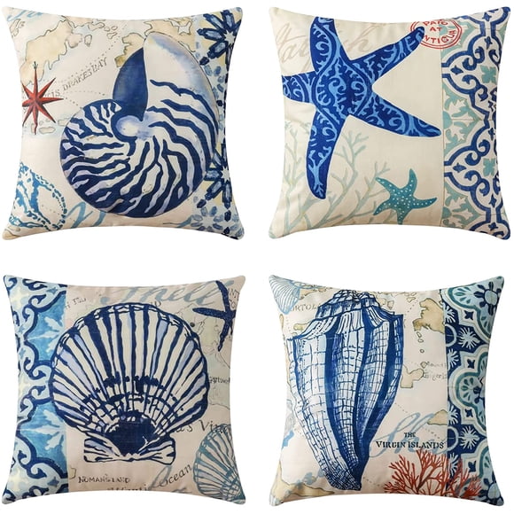 Jinsinto Nautical Conch Decorative Throw Pillow Covers 18x18, Set of 4 Ocean Themed Beach Starfish Shell Printed Cushion Covers for Patio Couch Sofa
