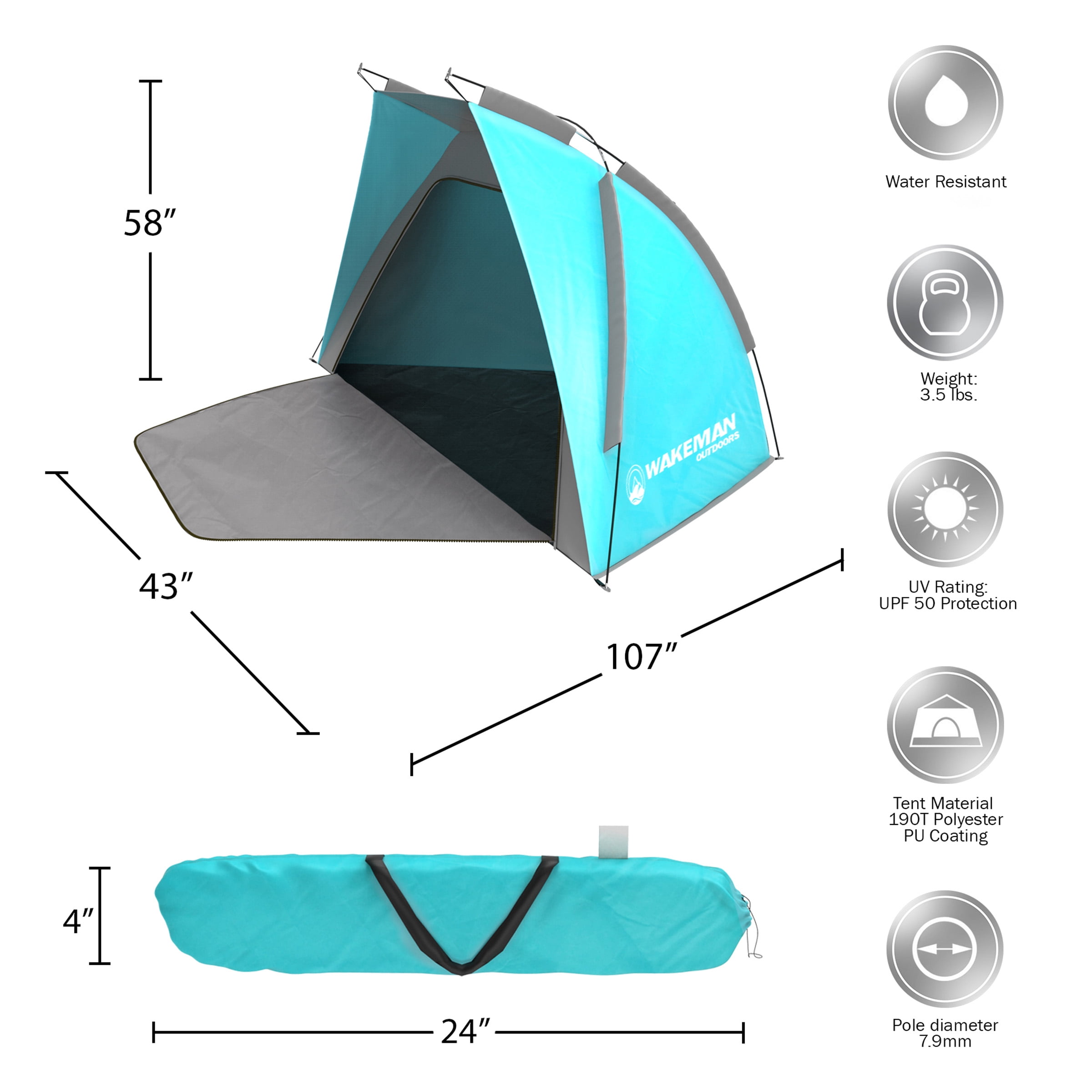 Beach Tent Sun Shelter- Sport Umbrella, UV Protection, Zip Up Porch for Privacy & Carry Bag- Shade for Families, Kids & Baby by Wakeman Outdoors