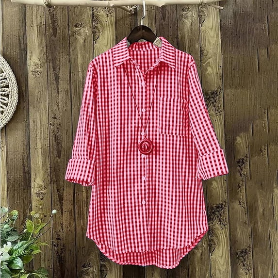 Women's Casual Linen Plaid Collar Long Sleeve Retro Button Up Shirt