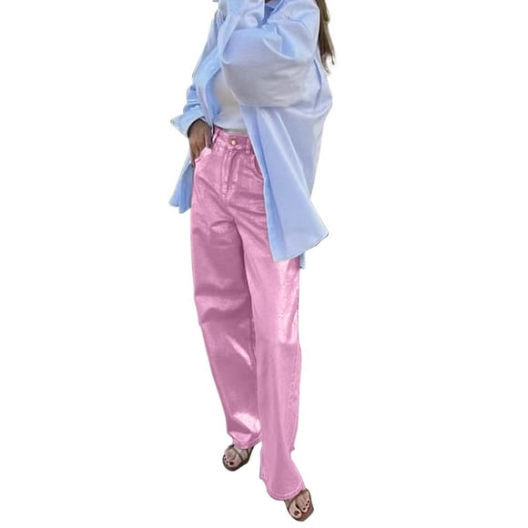 Bmisegm Women's High Waisted Metallic Effect Y2K Jeans, Pink, M