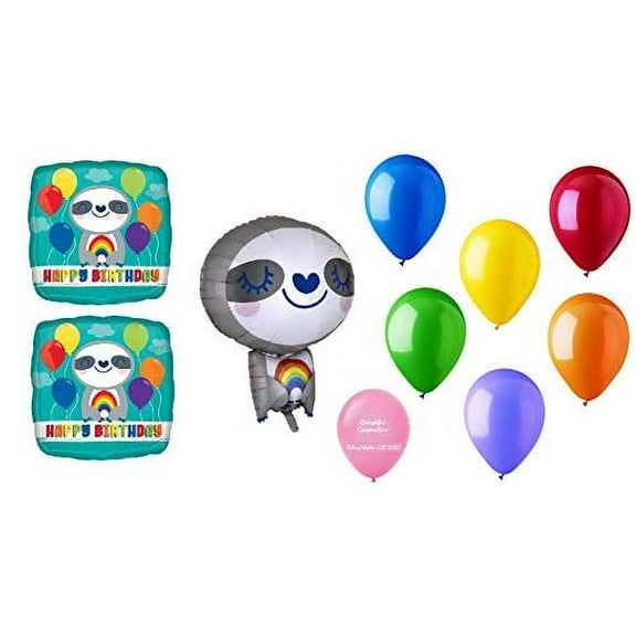 Sloth Rainbow Happy Birthday Party 9 Pce Mylar and Latex Balloons Set