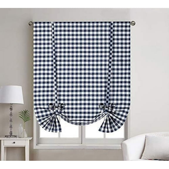 1 Piece Buffalo Check Gingham Rod Pocket Window Tie Up Curtain Panel (42" X 63", Navy Blue/Beige)