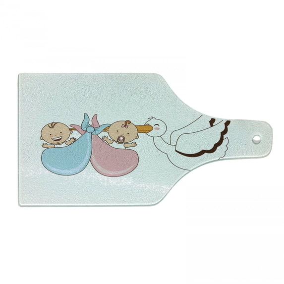 Gender Reveal Cutting Board, with Stork Mythical Congratulation Playroom Shower Theme, Decorative Tempered Glass Cutting and Serving Board, Wine Bottle Shape, Multicolor, by Ambesonne