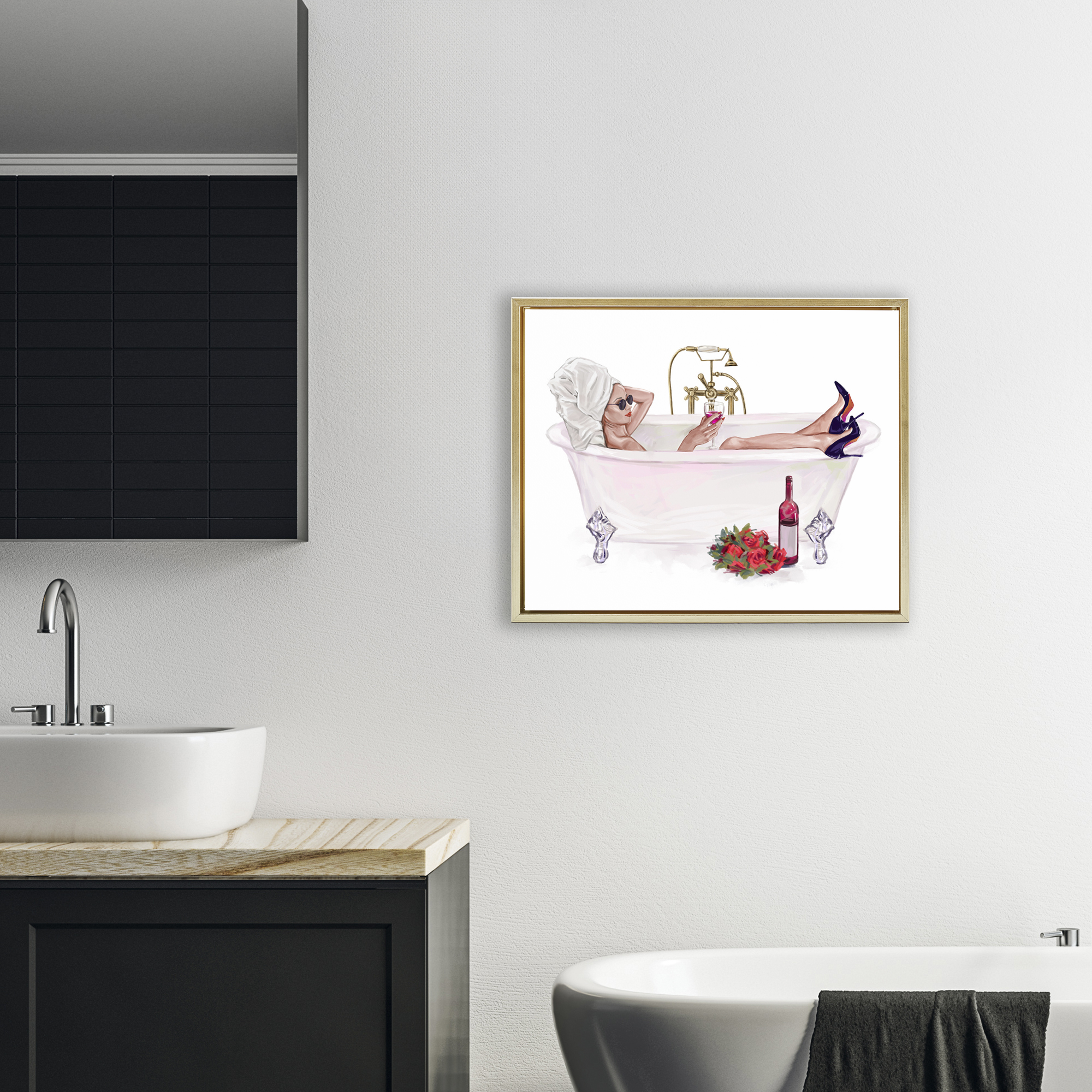 Woman with Wine Bath Gold Framed Floater Canvas Wall Art, design by Ziwei Li