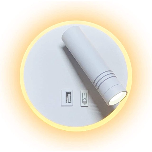 Aplique LED, 9W, lámpara de lectura de cabecera con puerto de carga USB, (6W 3000K blanco cálido) + (3W 6500K blanco) forma redonda