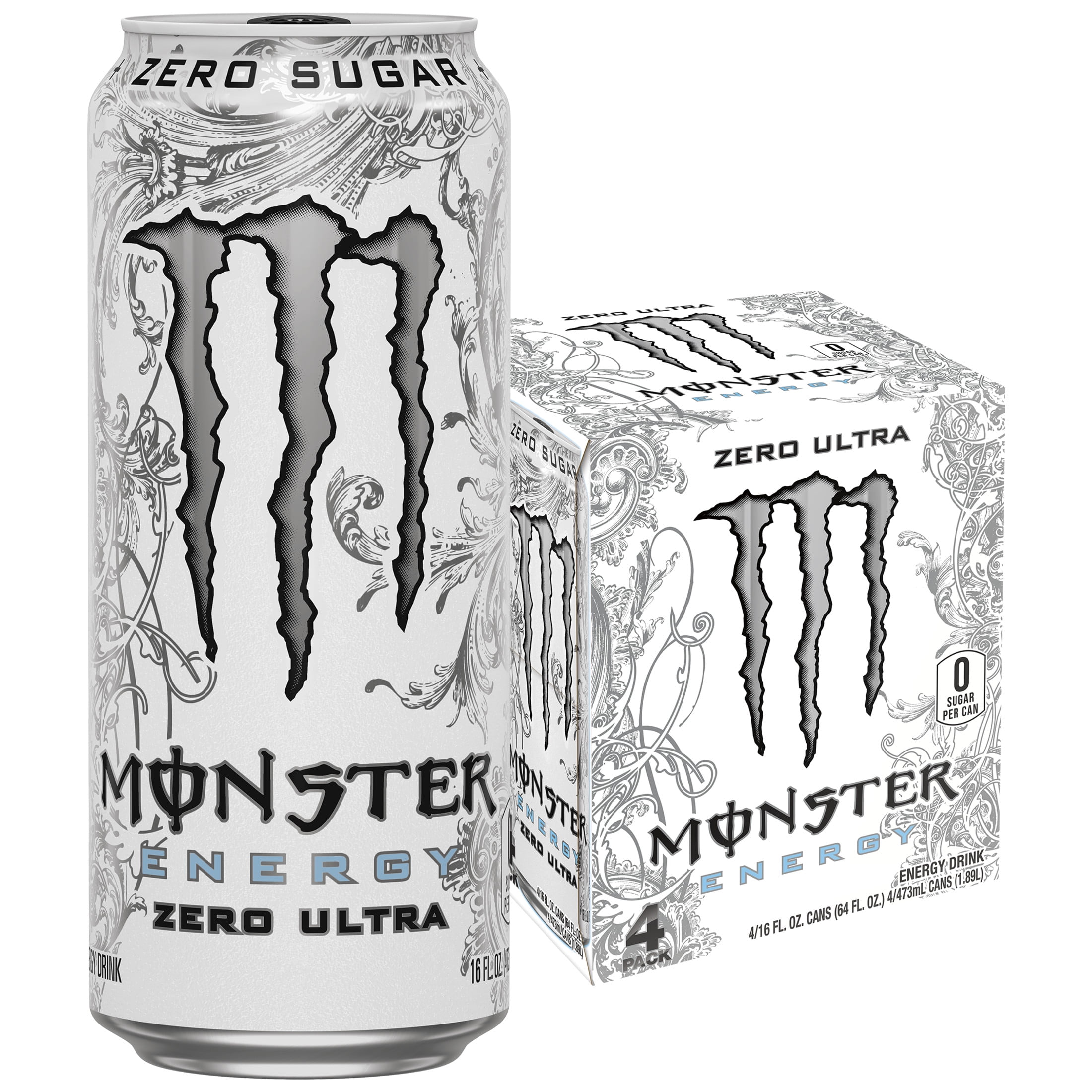 (4 Cans) Monster Zero Ultra, Sugar Free Energy Drink, 16 fl oz