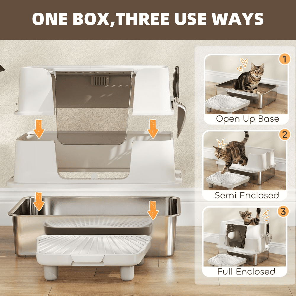 LUMAMIN Cat Litter Box, Stainless Steel Top and Side Entry Cat Box Enclosure with Scoop for Cats of Different Sizes, 33 lbs Capacity, 23.7" x 15.8" x 17.5", Light Gray
