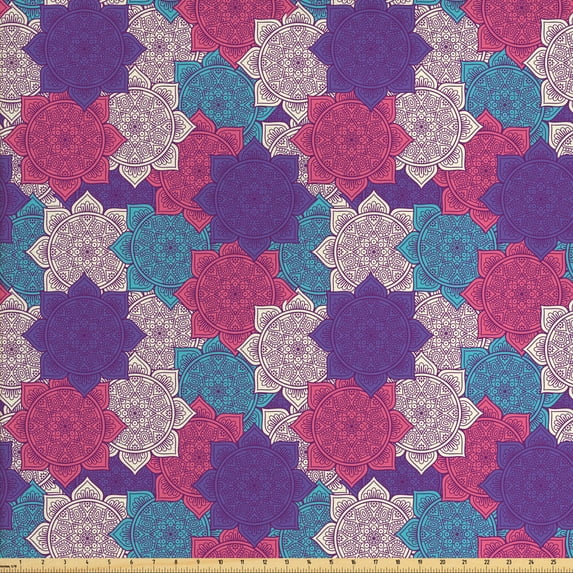 Ethnic Fabric by the Yard, Composition with Oriental Motifs Mandala Inspired Swirl and Circles, Upholstery Fabric for Dining Chairs Home Decor Accents, Multicolor by Ambesonne