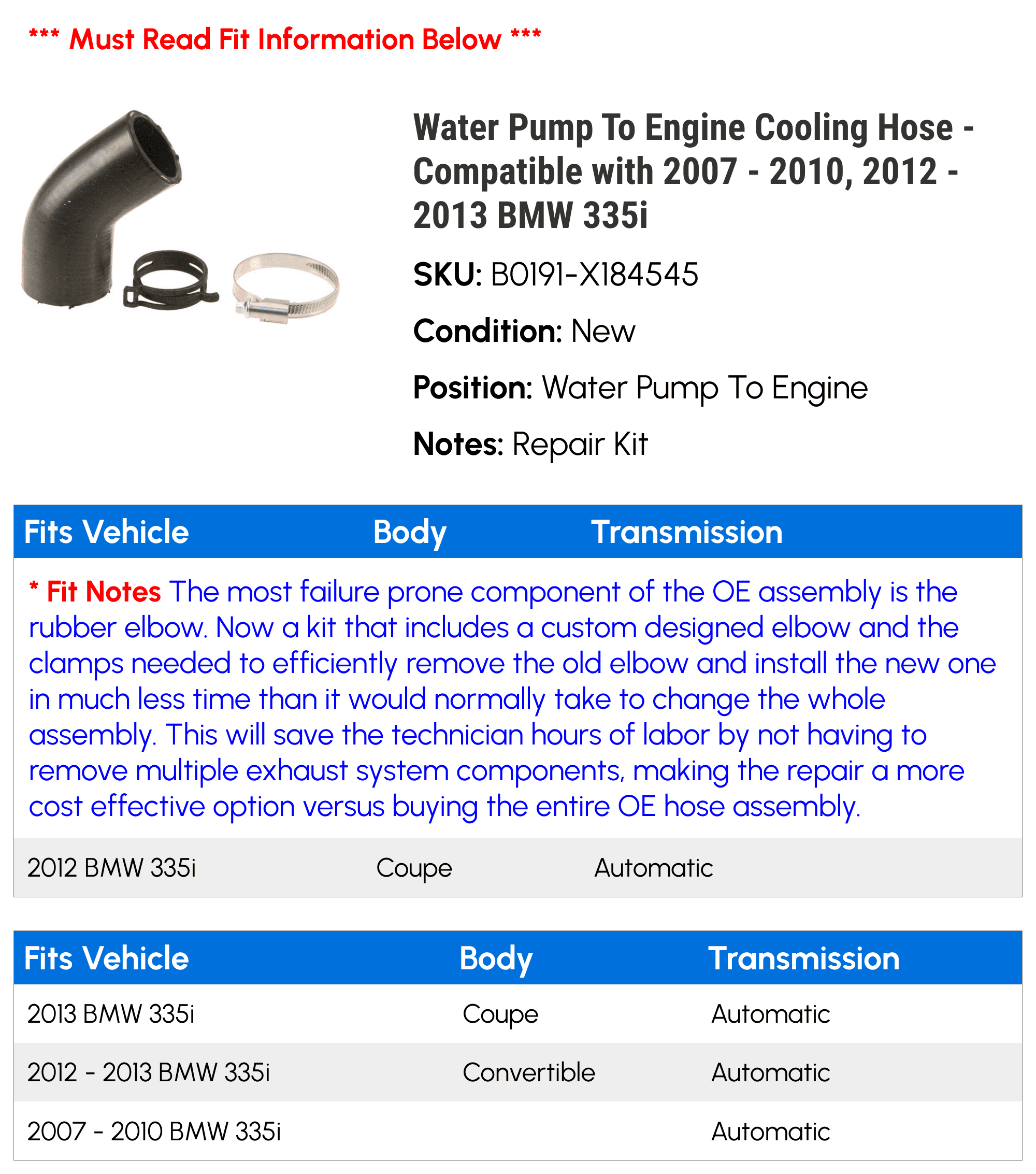 Water Pump To Engine Cooling Hose - Compatible with 2007 - 2010, 2012 - 2013 BMW 335i 2008 2009