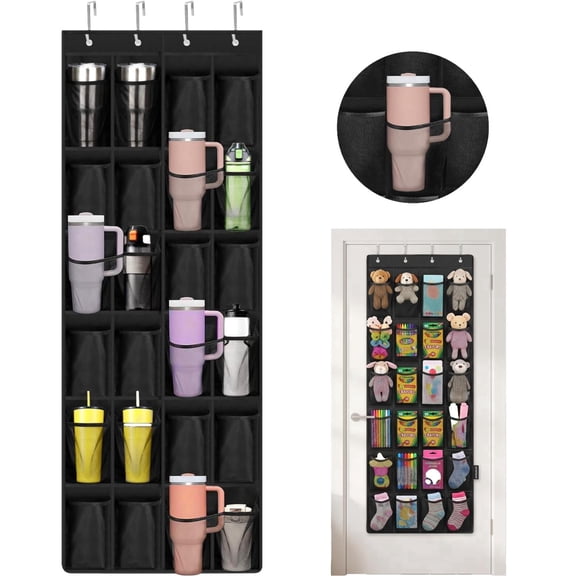 Large Capacity 24-Pocket Water Bottle & Cup Organizer, Portable Foldable Hanging Holder for Cabinet Door, Wall, RV, Kitchen Storage Accessories