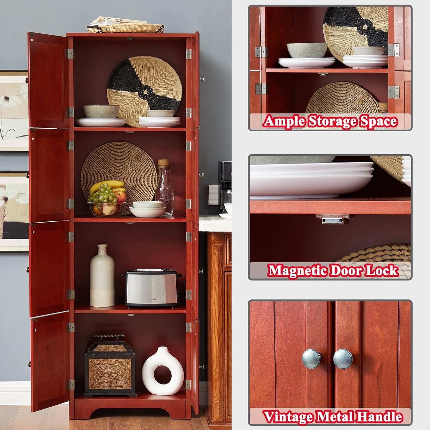 72" Tall Farmhouse Storage Cabinet, 4 Tier Kitchen Pantry Cabinet with 4 Shelves & 8 Doors, Freestanding Floor Storage Cabinet Wooden Organizer Bookcase for Living Room, Kitchen (Cherry)