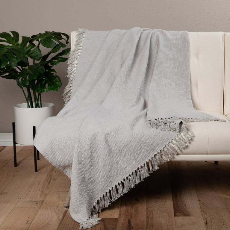 Sticky Toffee Cotton Throw Blanket for Couch 60x50 in Gray Boho Woven Throw with Fringe Textured Decorative Blankets