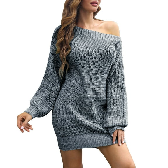 Ynynloco Sweater Dresses Off Shoulder Long Lantern Sleeve One Shoulder Knitted Dress 2025 Fall/Winter Trendy Casual Loose Solid Color Pullover Dresses
