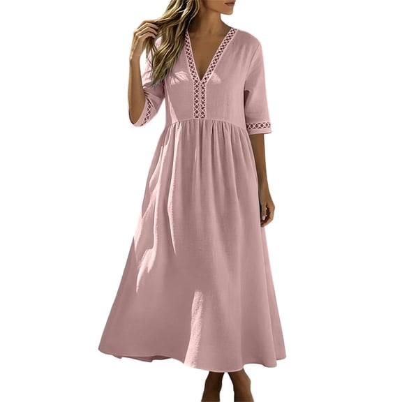 Ohufall Cotton Linen Dress for Women Hollow Out Pleated Dresses V Neck Half Sleeve Vacation Beach Maxi Dress
