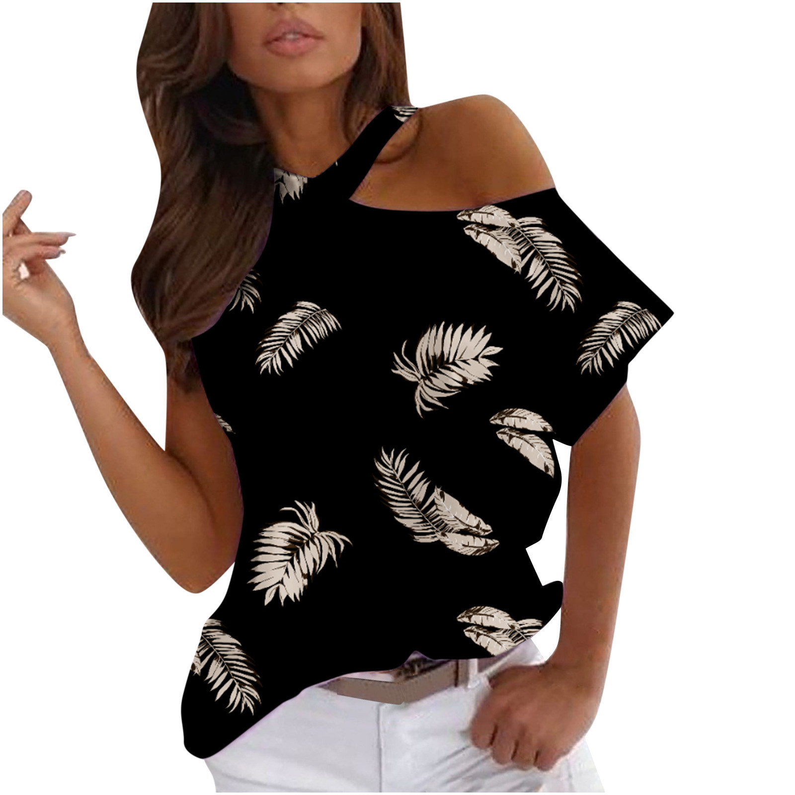 Women's One Shoulder T Shirts Tops Short Sleeve Boho Printed Trendy Basic Shirts Tunic Dressy Casual Beach Blouses