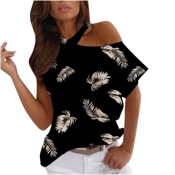 Camiseta informal para mujer, blusa estampada de manga corta con cuello redondo y hombros descubiertos Fridja ghk3127